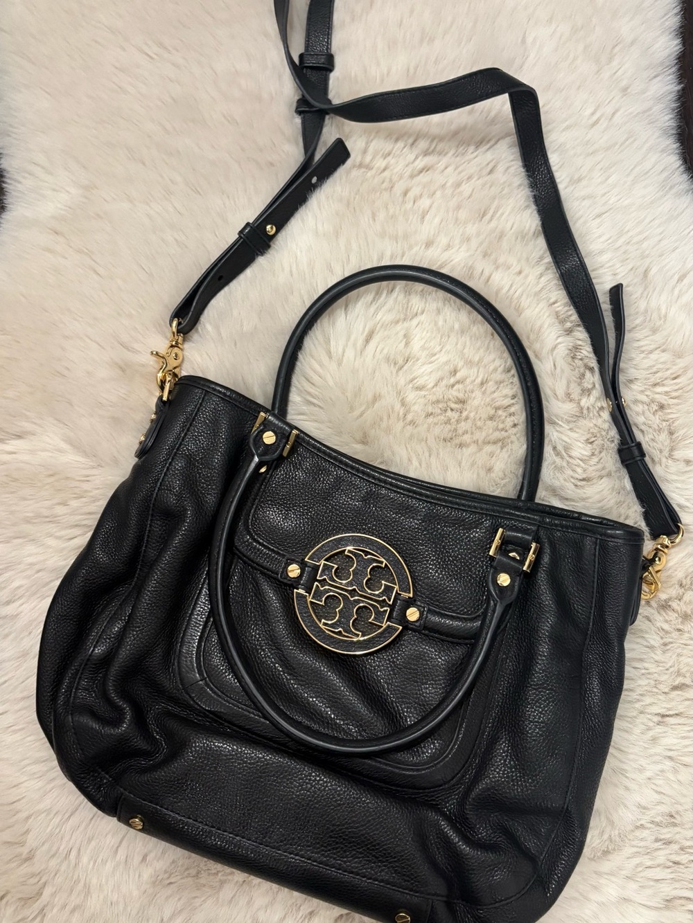 Tory Burch Black Leather Amanda Tote with Gold Hardware